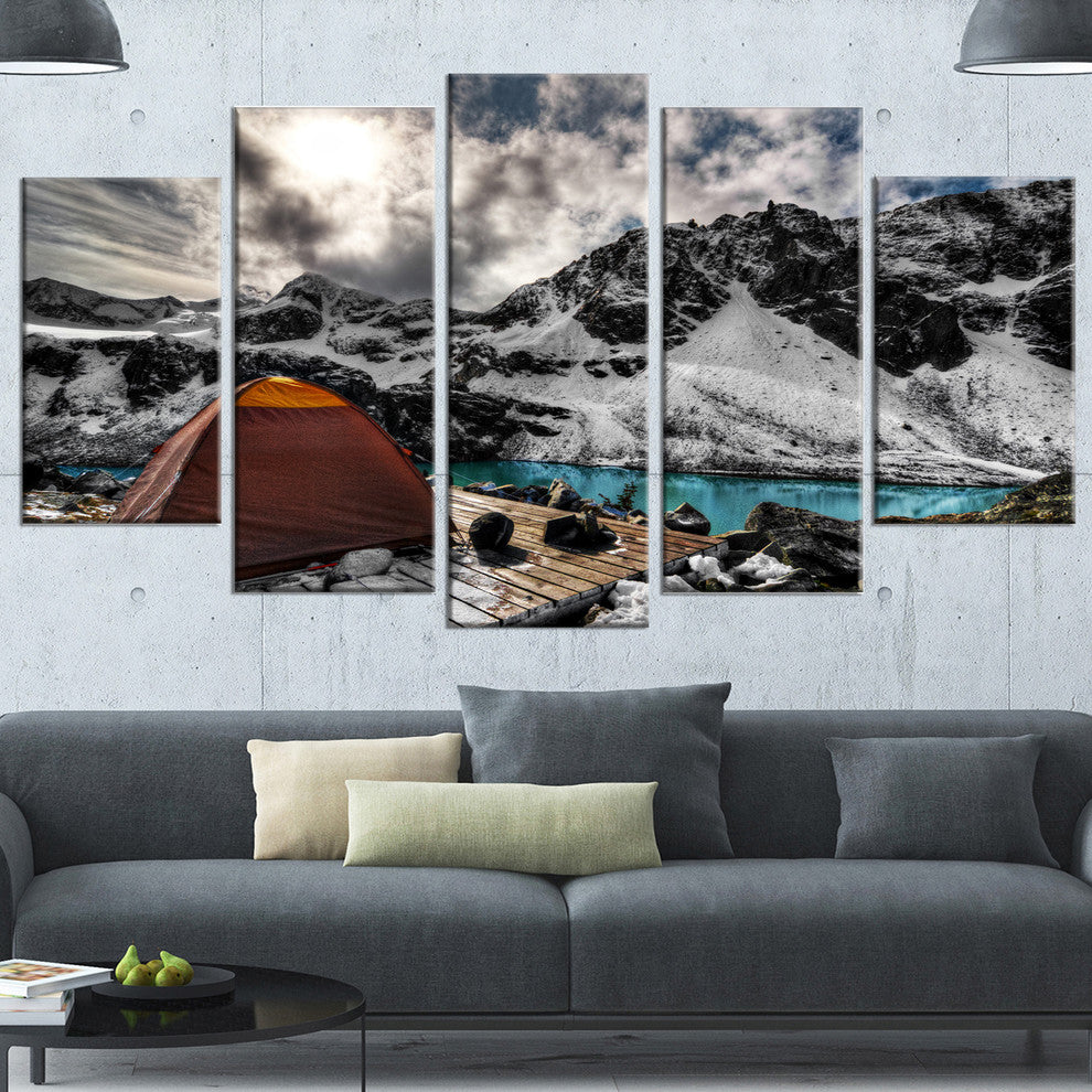 Campsite above Turquoise Lake, Landscape Canvas Art Print, 60"x32", 5 Panels