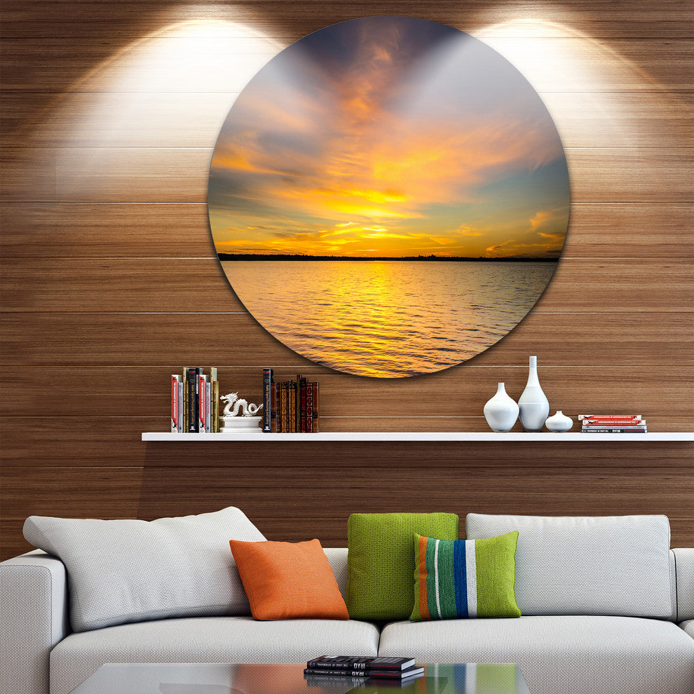 Yellow Sunrise Light Hitting Waters, Seashore Round Metal Wall Art, 23"