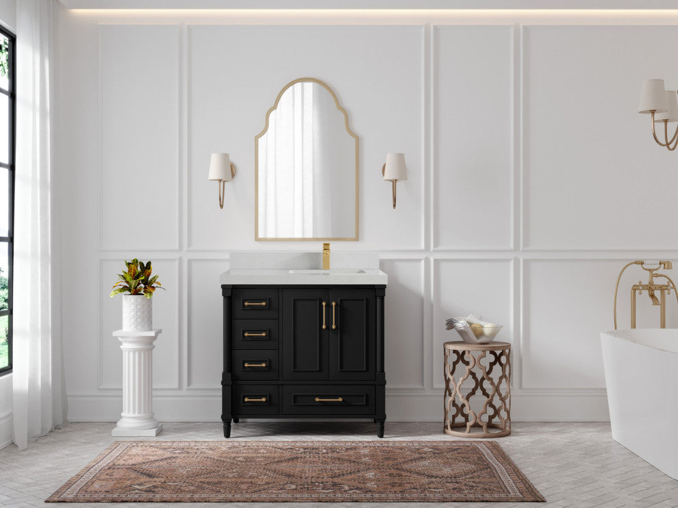 Aberdeen 36 Right Offset Bath Vanity in Black 2" Carrara Quartz