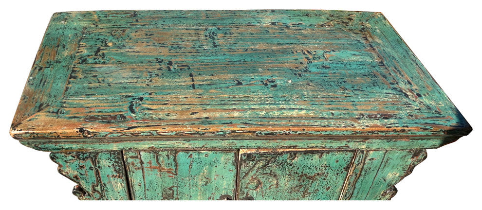 Vintage Distressed Teal Blue Green Carved Apron Low Console Table