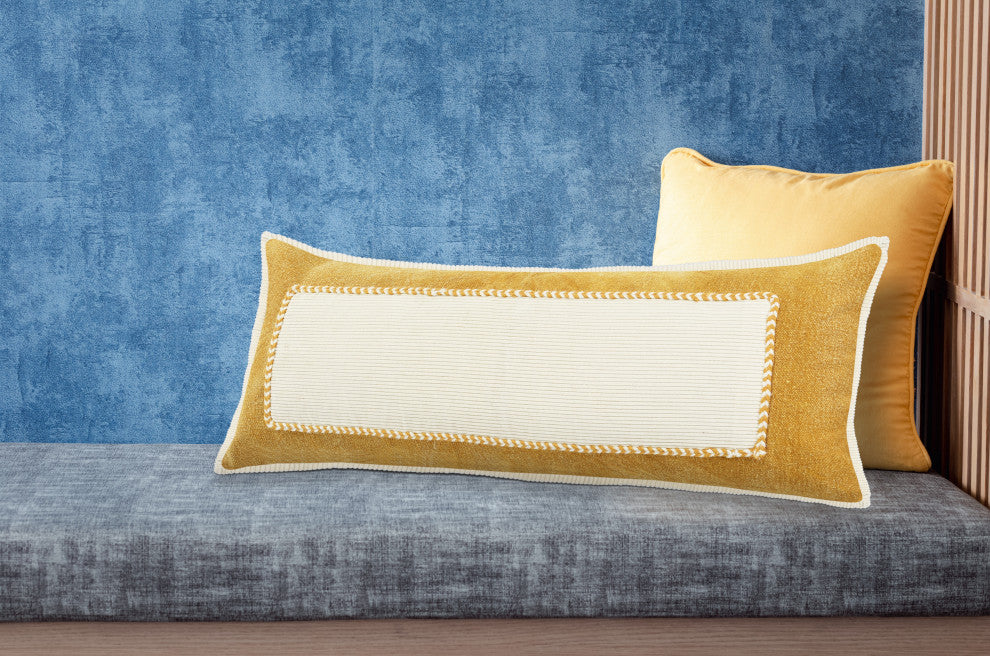 Ox Bay Hand-stitched Yellow/White Organic Cotton Pillow Cover, 16"x24"