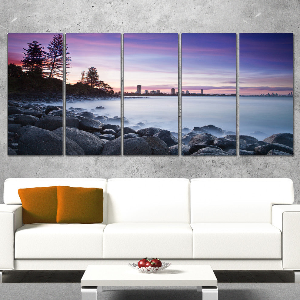 "Rocky Burleigh Point in Blue" Seascape Art Canvas, 5 Panels, 60"x28"