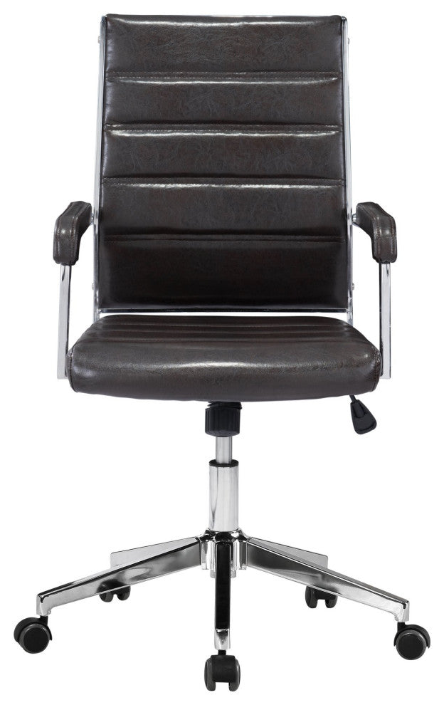 Office Chair, Faux Vinyl Leather, Steel, Brown, Silver, Mid Century Business