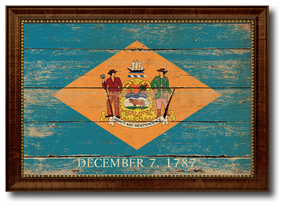 Delaware State Vintage Flag Print With Brown Gold Frame, 23"X33"