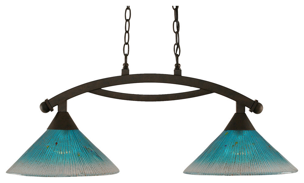 Bow 2 Light Island Light In Bronze, 12" Teal Crystal Glass