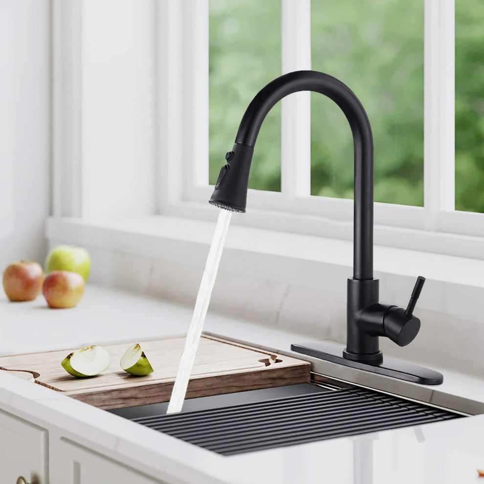 Single Handle Deck Mounted High Arc Pull Down Kitchen Faucet with Sprayer, Matte