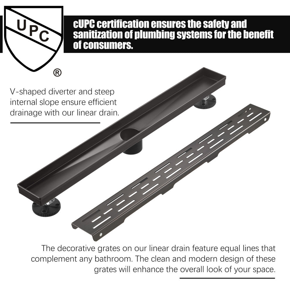Linear Floor Drain with Removable Decorative Cover UPC certified, Venetian Bronze, 12"