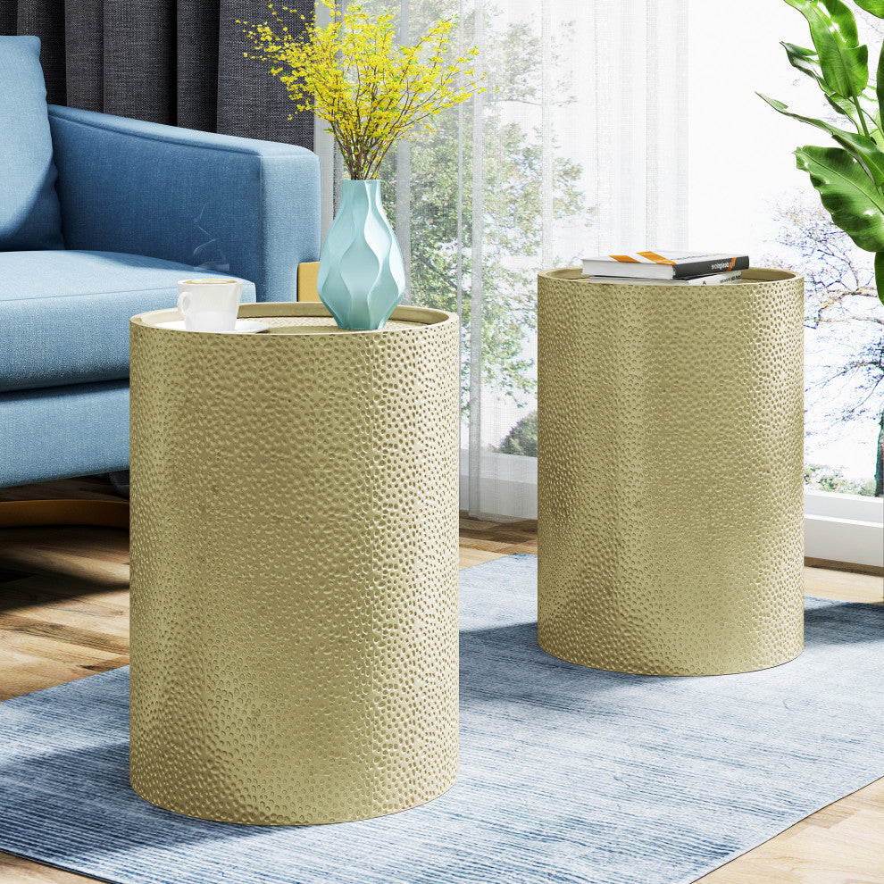 Kaylee Modern Round Hammered Iron Accent Table, 2 Pack, Silver, Gold