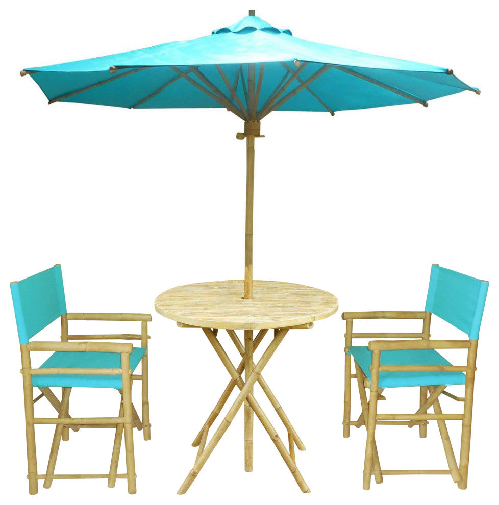 Bamboo Patio Set Of 2 Pottery Director Chairs And Round Table, Matching Umbrella, Aqua Blue