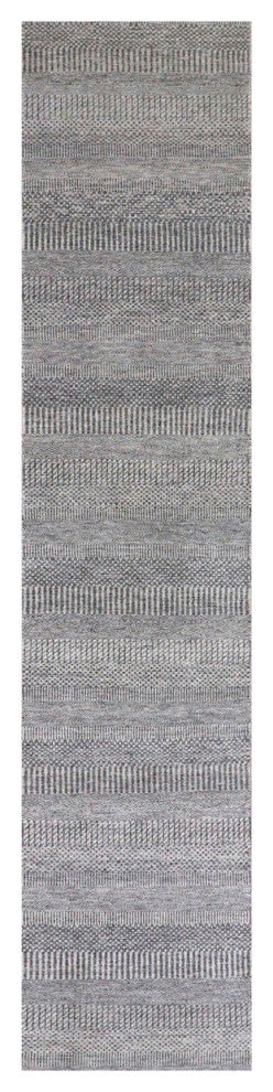Rustic Gray Grass Design Hand Knotted Undyed Wool XL Runner Rug, 2'5"x15'10"