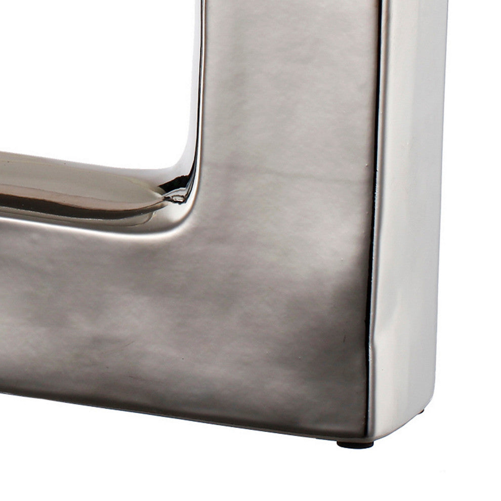 Benzara BM286370 16" Modern Vase, Keyhole Design, Metallic Silver Stoneware