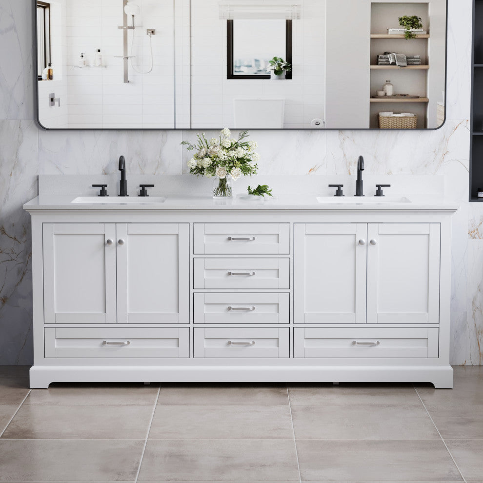 80" Freestanding Bathroom Vanity with White Cultured Marble Top in White