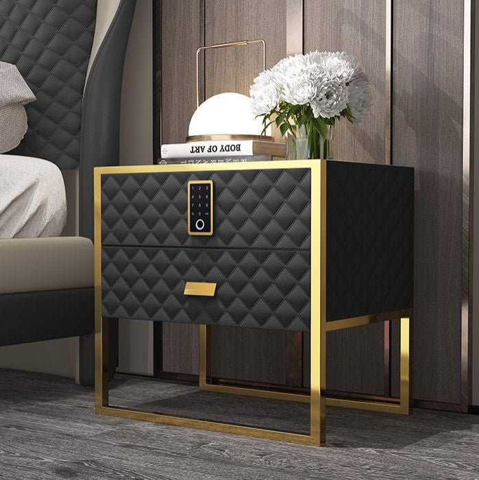 2 Drawers Bedroom Nightstand with Electronic Lock Stainless Steel Base, Black