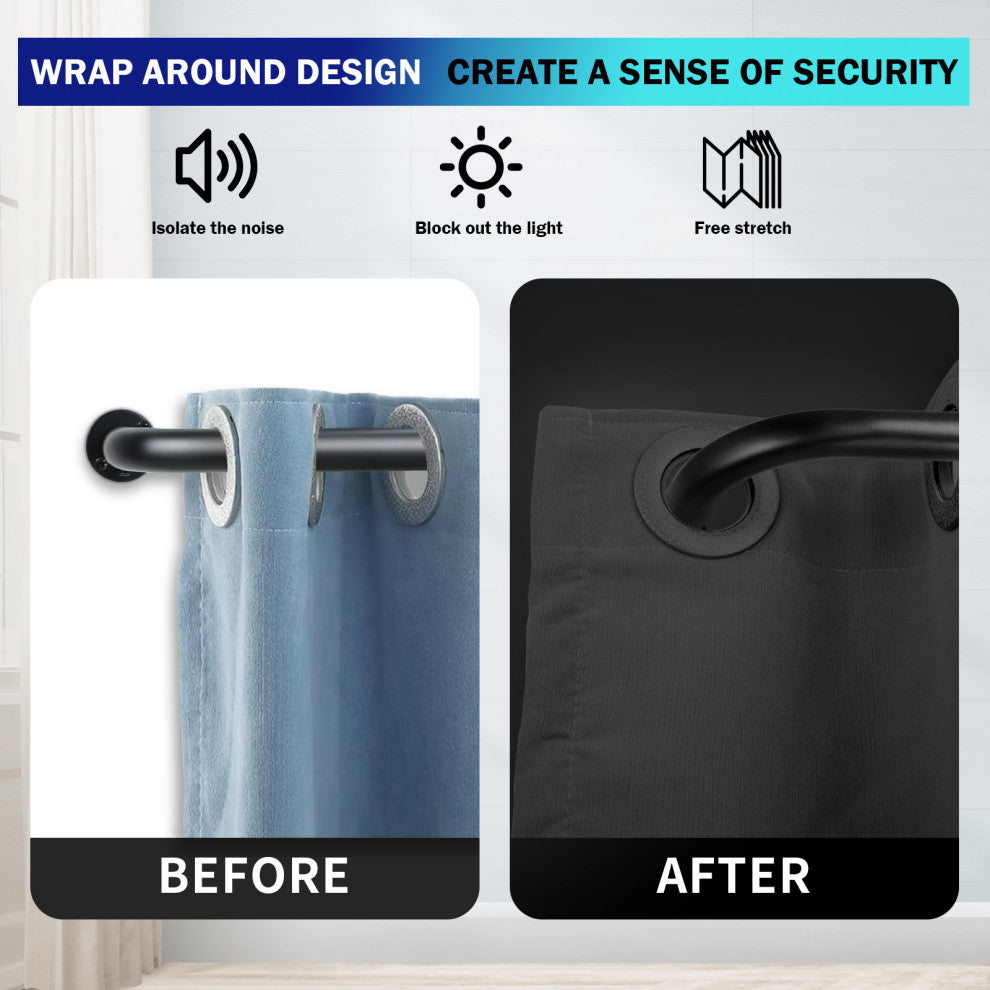 Energy Saving Wrap Around Black Out Return Adjustable Window Curtain Metal Rod, Black, 96-144"