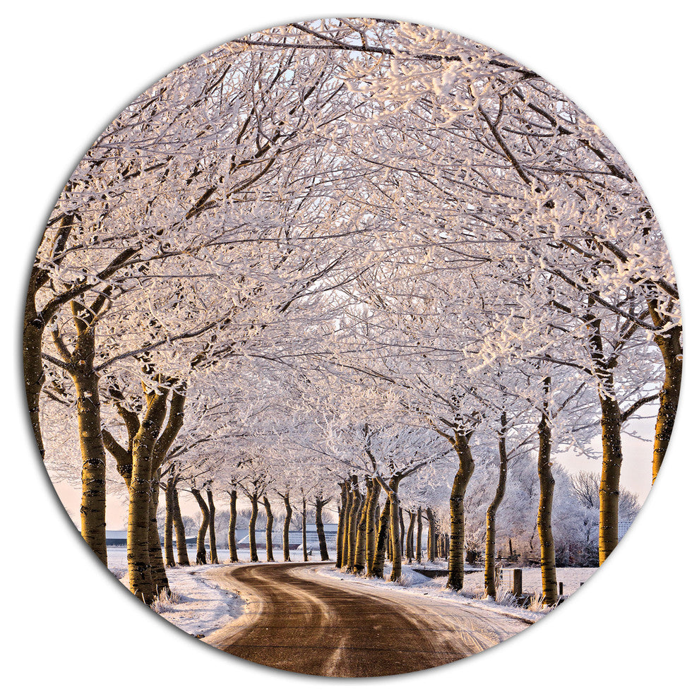 Trees And Road In White Winter, Landscape Large Disc Metal Artwork, 36"