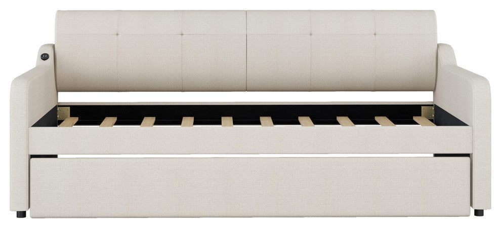 Gewnee Twin Upholstered Daybeds with Trundle and USB Charging,Beige