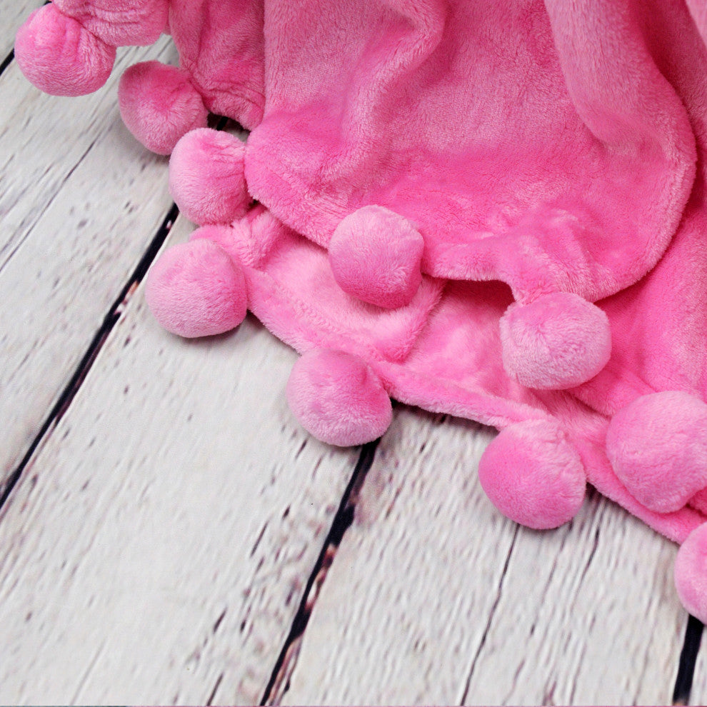 Pom Pom Flannel Fleece Throw Blanket, Candy Pink, 50" X 60"