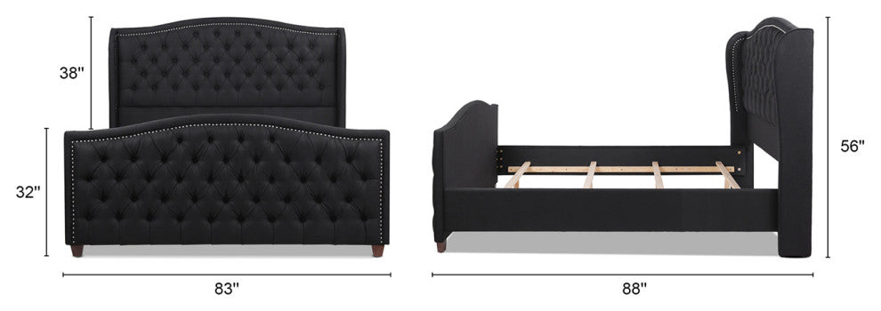 Marcella Upholstered Tufted Shelter Wingback Panel Bed, Jet Black Polyester, King