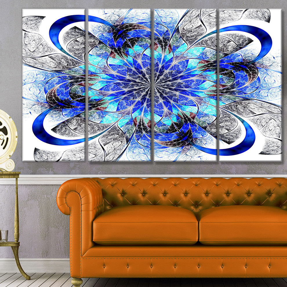 Symmetrical Blue Fractal Flower, Abstract Wall Art Canvas, 48"x28", 4 Panels