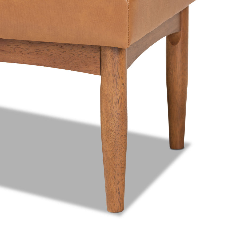 San Simeon Mid-Century Tan Faux Leather and Walnut Brown Wood Dining Bench