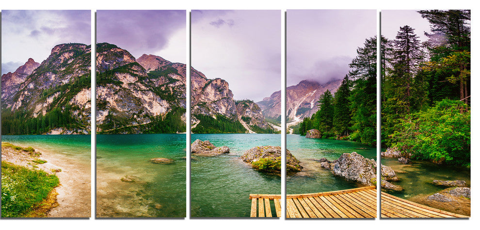 Mountain Lake Between Mountains, Large Landscape Canvas Art, 60"x28", 5 Panels