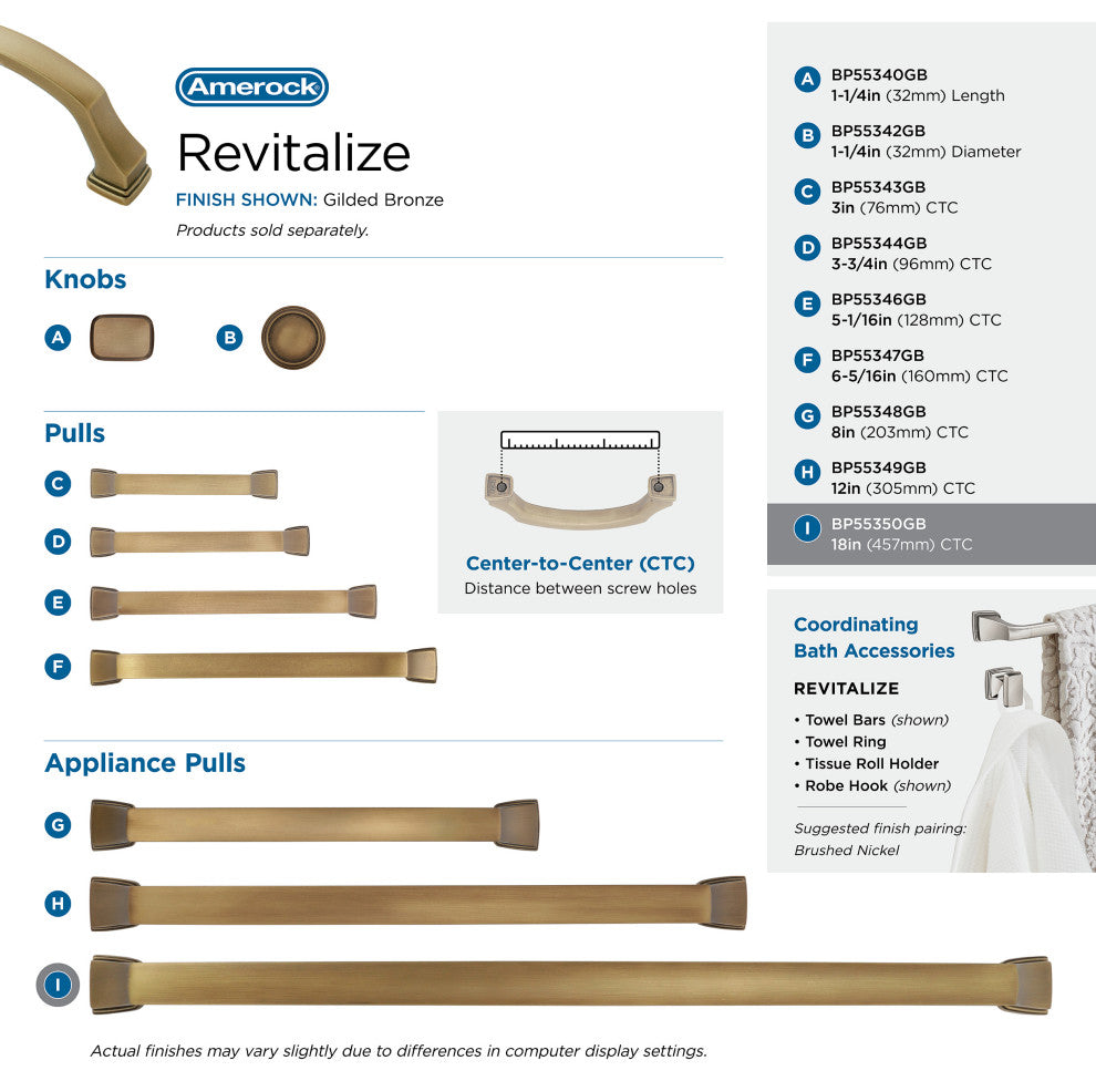 Revitalize Appliance Pull, Gilded Bronze, 18" Center-to-Center