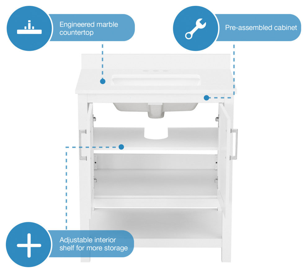 Ove Decors Vegas Single Sink Bathroom Vanity Set With Countertop, White, Antique White, 30"