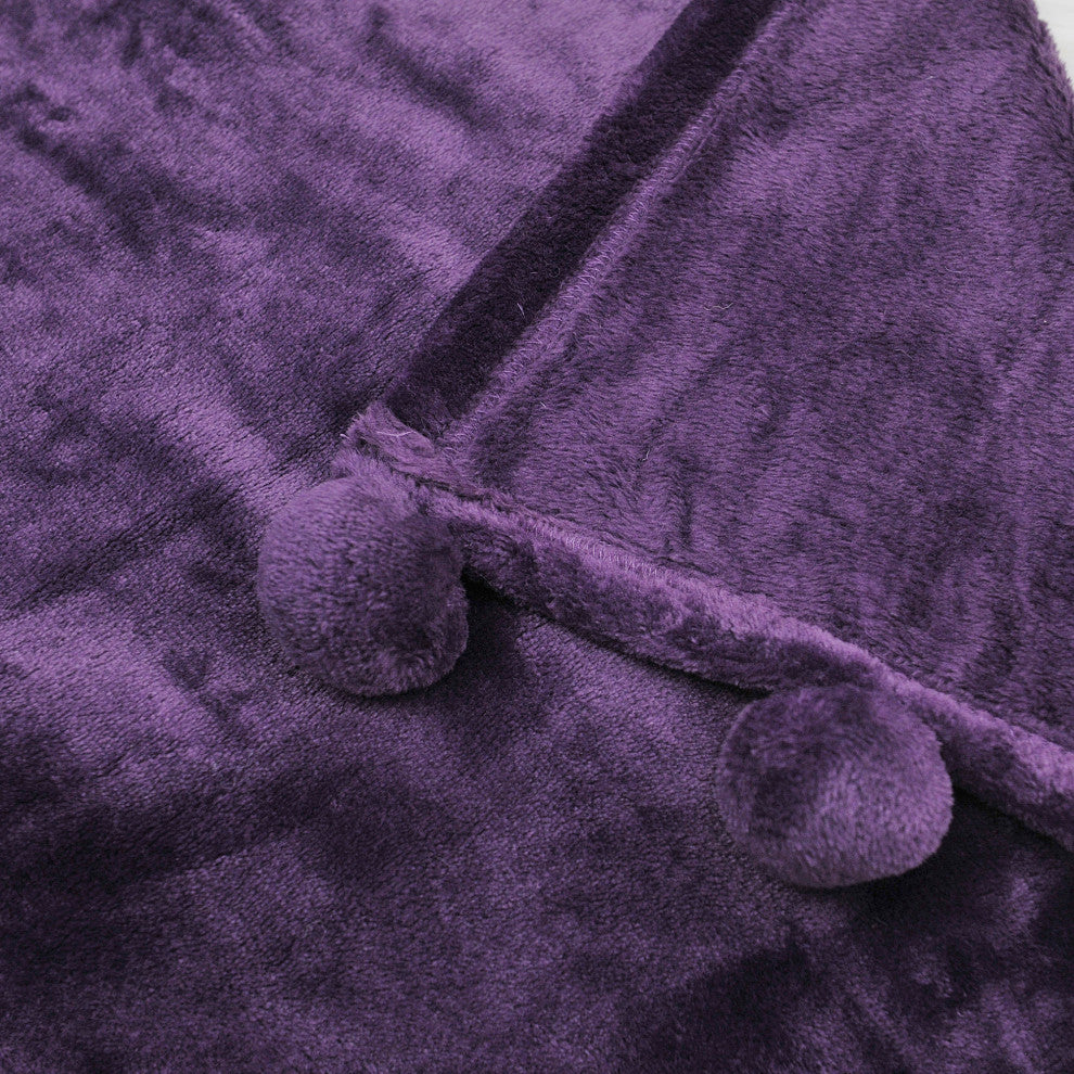 Pom Pom Flannel Fleece Throw Blanket, Blackberry Wine, 50" X 60"