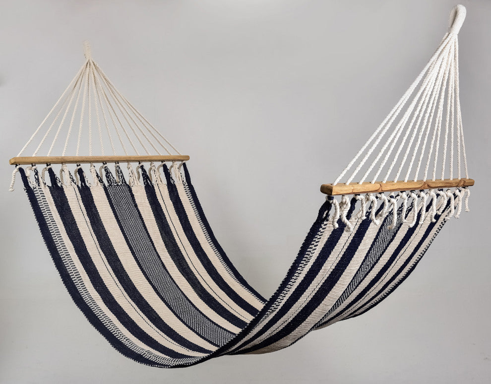Triple Weave Black and Natural Cotton Hammock, Wooden Bar