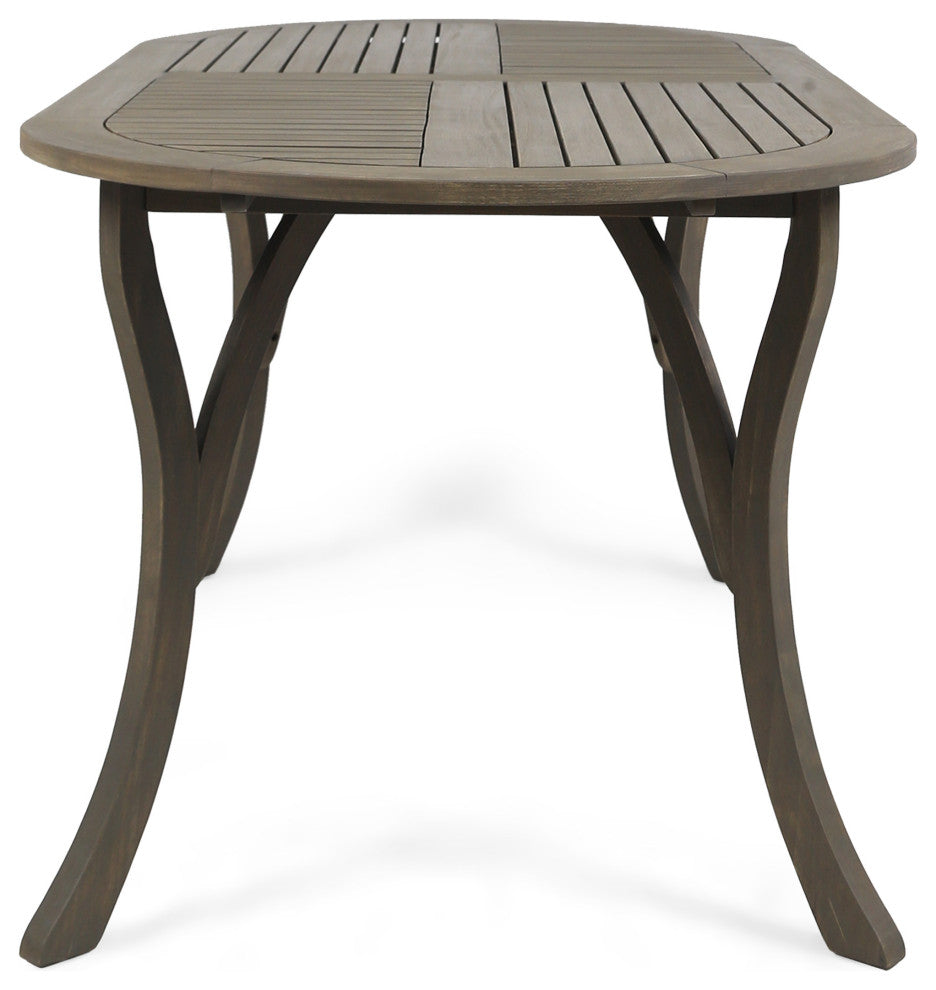 GDF Studio 7-Piece Harris Outdoor Wood and Wicker Dining Set, Gray Finish/Gray
