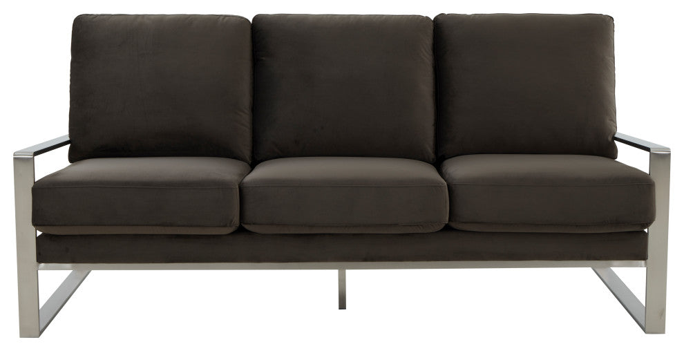 LeisureMod Jefferson Modern Design Velvet Sofa With Silver Frame, Dark Gray
