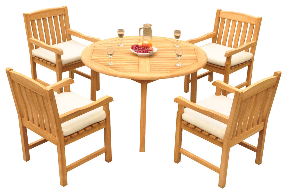 5-Piece Outdoor Patio Teak Dining Set, 48" Round Table, 4 Devon Arm Chairs