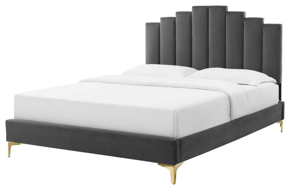 Platform Bed Frame, Full Size, Velvet, Dark Gray, Modern Contemporary