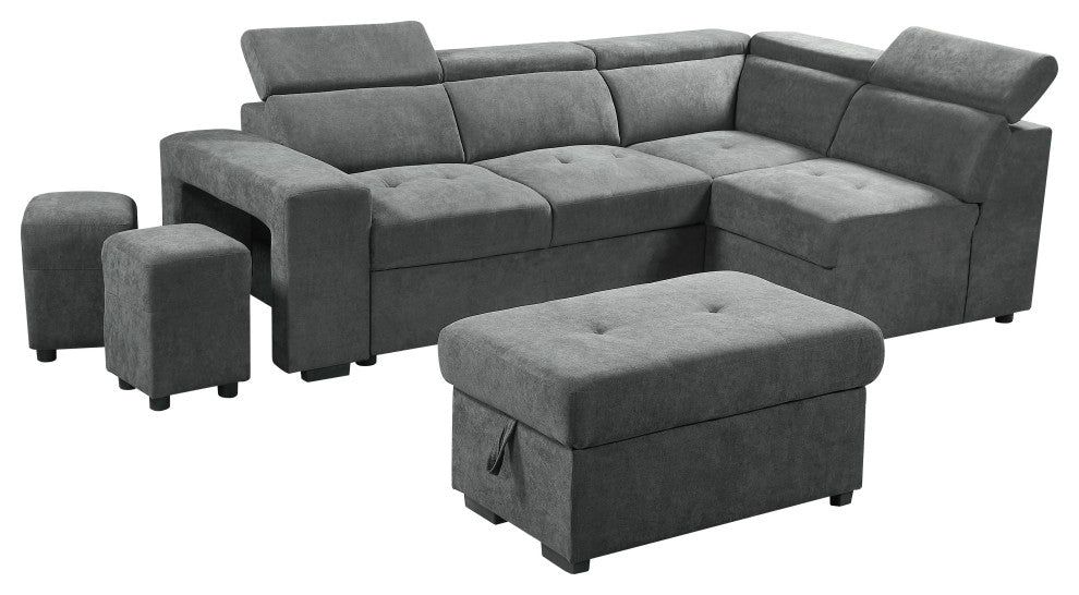 Henrik Gray Sleeper Sectional Sofa With Storage Ottoman and 2 Stools, Light Gray