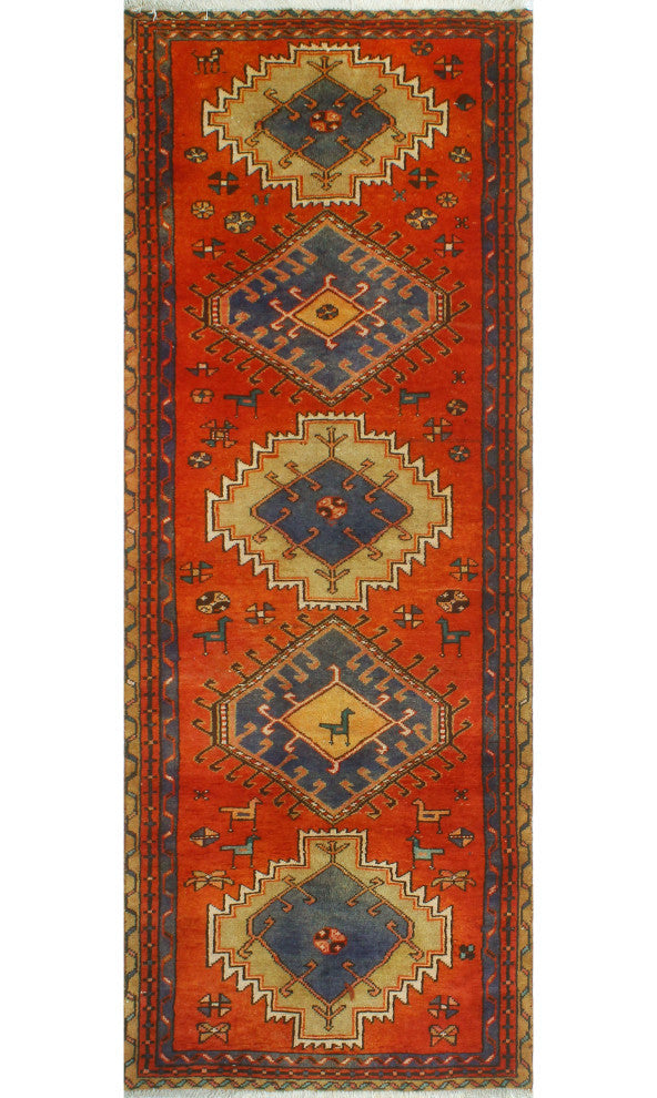 Fine Vintage Distressed Essie Rust/Blue Runner, 3'4x9'8