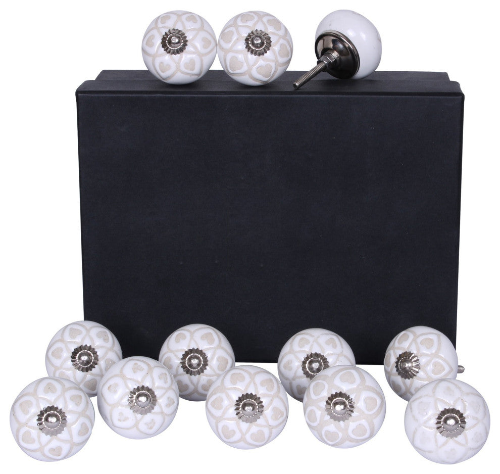 Set of 12 Vintage White and Beige Circles Ceramic Knobs