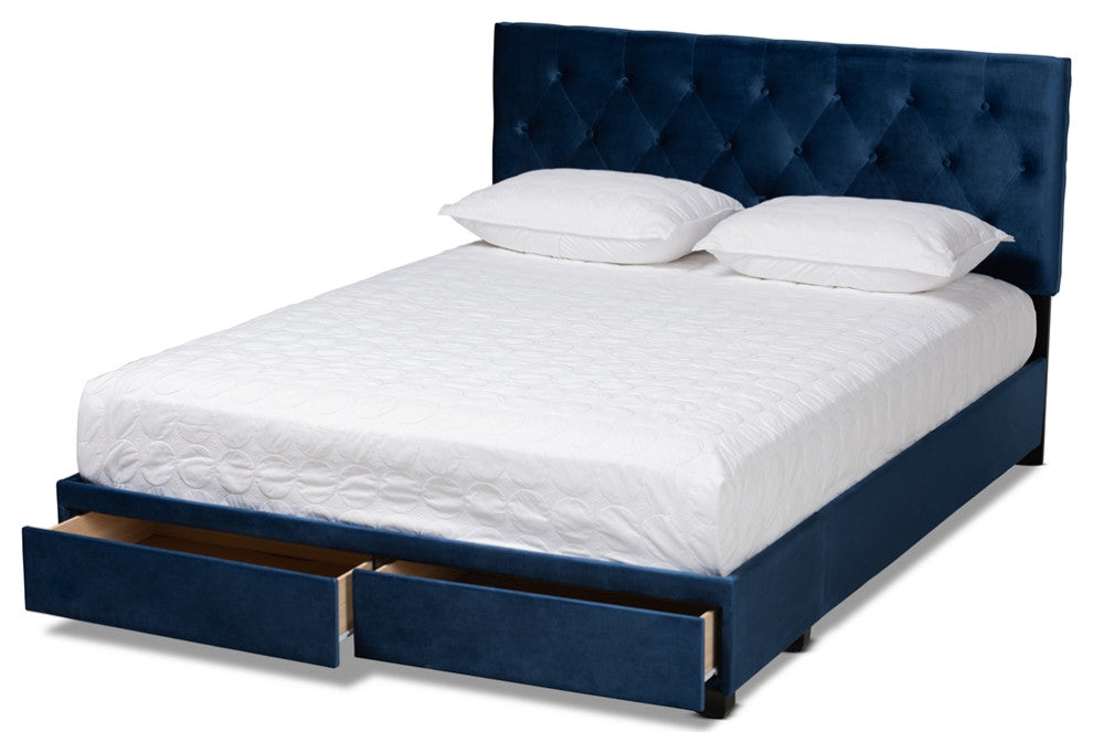Navy Blue Velvet Fabric Upholstered 2-Drawer King Size Platform Storage Bed