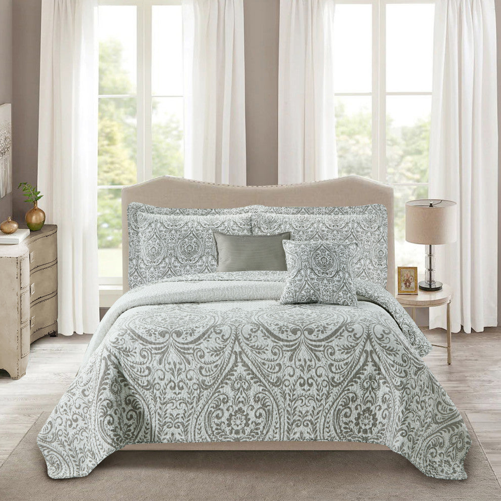 Visionary 5 Piece Quilt Bed Spread Sets, Gray, King, 102"x90"