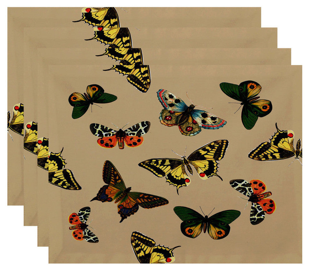 18"x14" Butterflies, Animal Print Placemat, Taupe, Set of 4