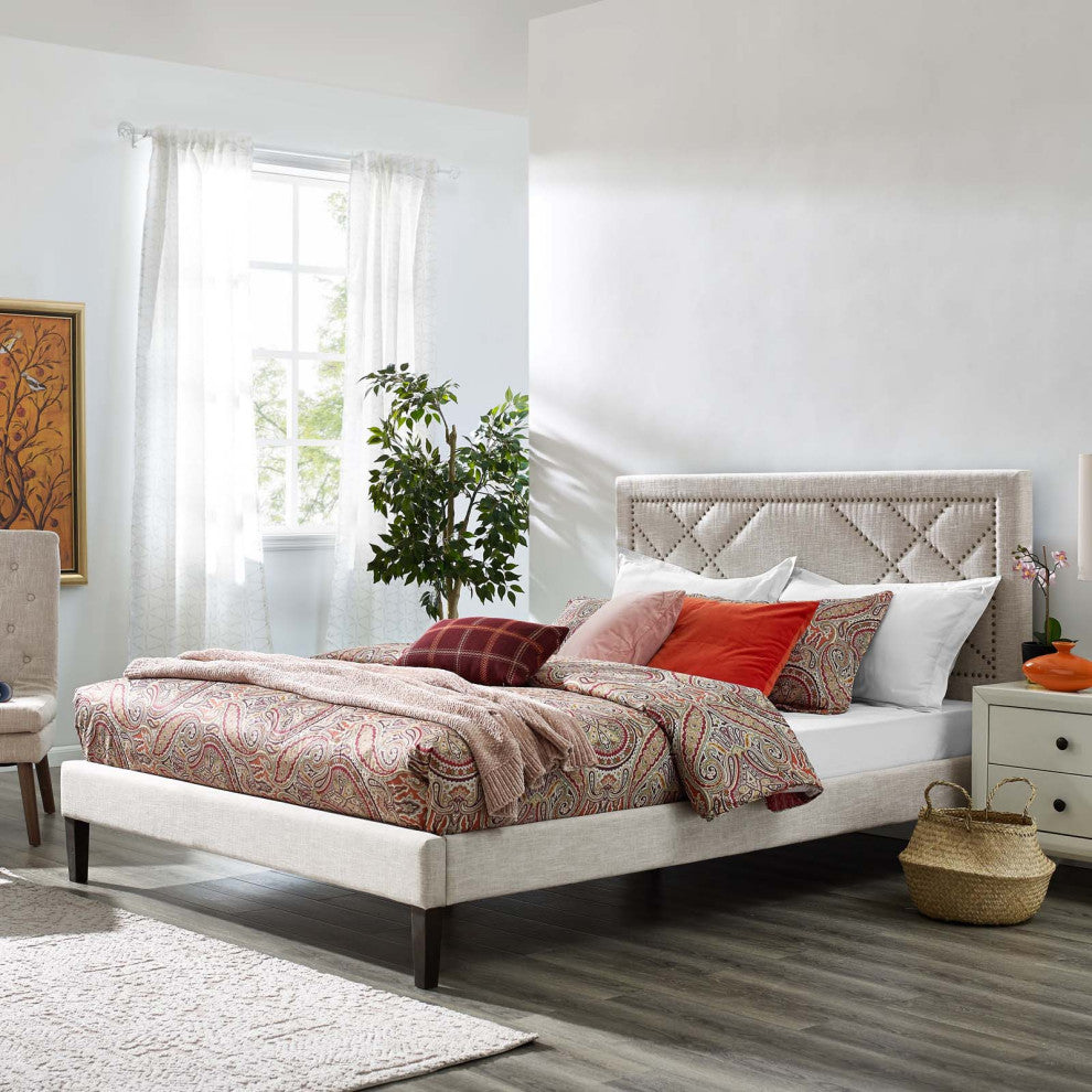 Contemporary Modern Bedroom King Size Headboard, Rivet Nail, Fabric, Beige
