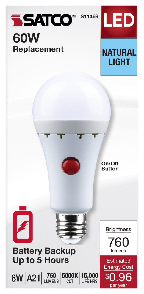 8W A21 LED, 5000K, Medium Base, 120V, 80 CRI, Battery Backup