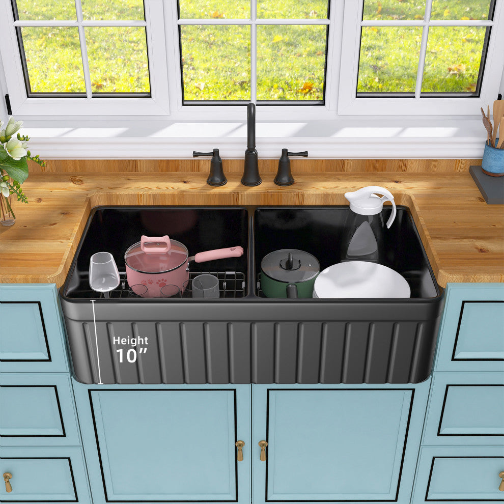Black Fireclay 33 Inch Double Bowl Farmhouse Apron Front Kitchen Sink