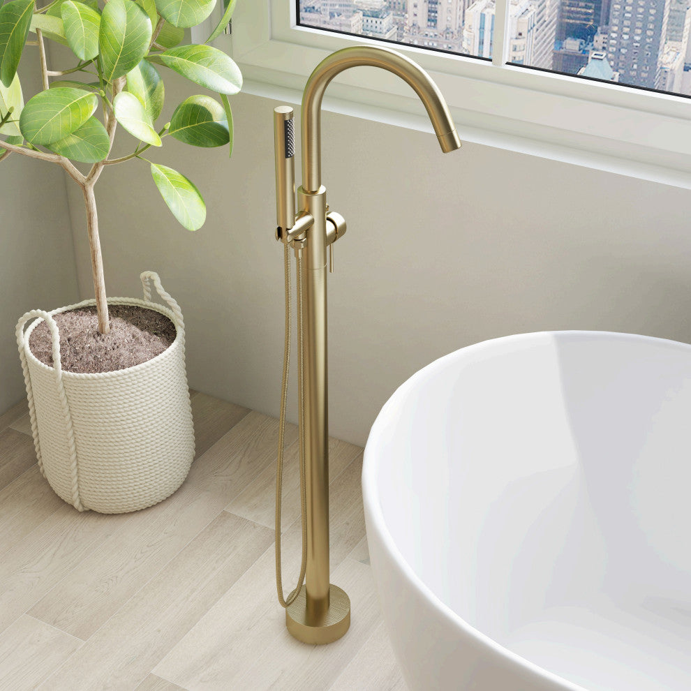 Freestanding Single Handle Tub Filler Faucet with Hand Shower, Brushed Gold