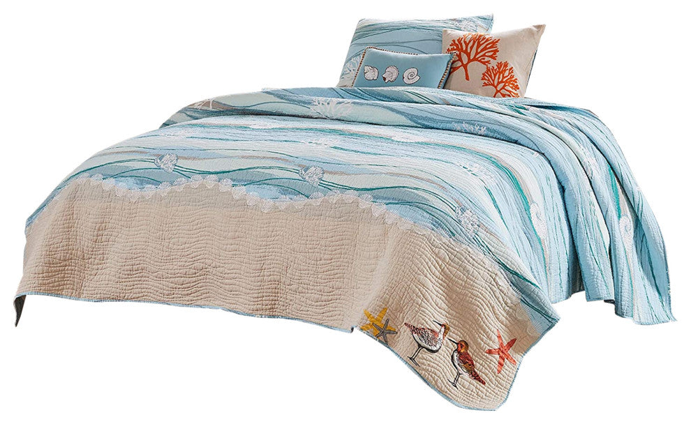 Benzara BM101969 4 Piece Twin Size Fabric Quilt Set With Coastal Prints, Blue