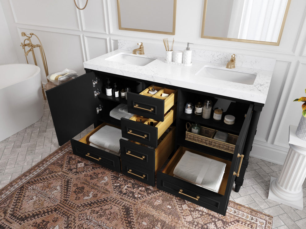 Aberdeen 60 Double Bathroom Vanity in Black 2" Carrara Quartz