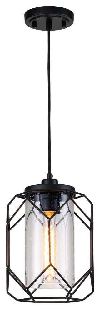 1 Light Black Finish Cage Wire Pendant with Seedy Glass Shade