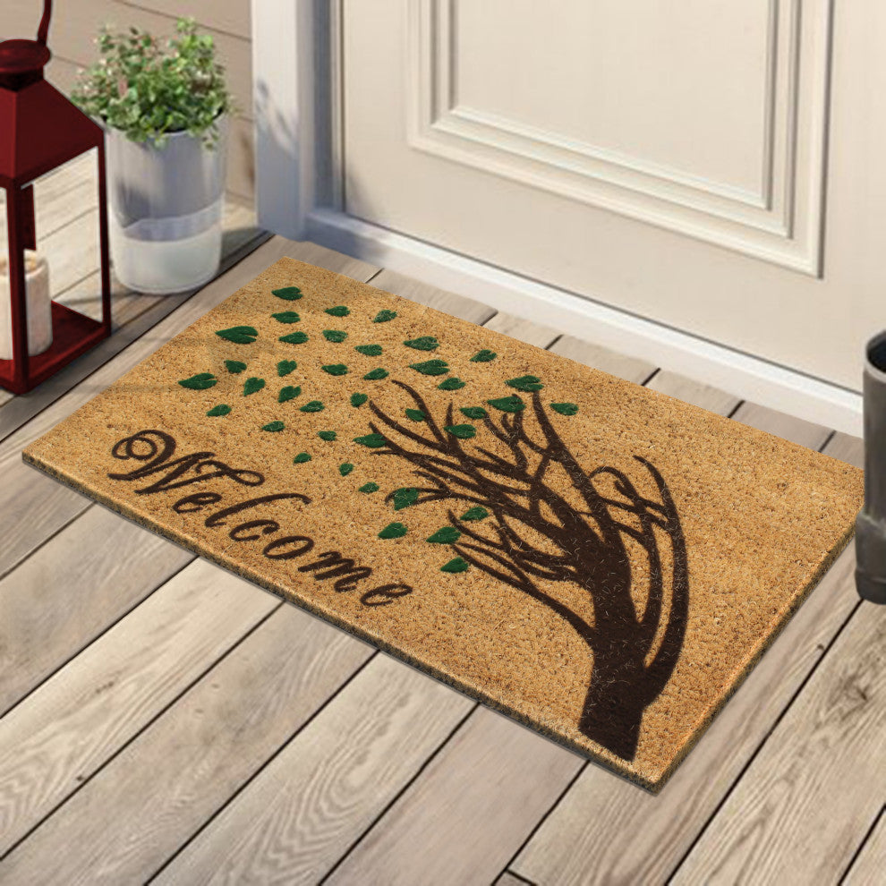 A1HC Floral Natural Coir Front Door, Anti-Shed Treated Durable Doormat 18"X30"