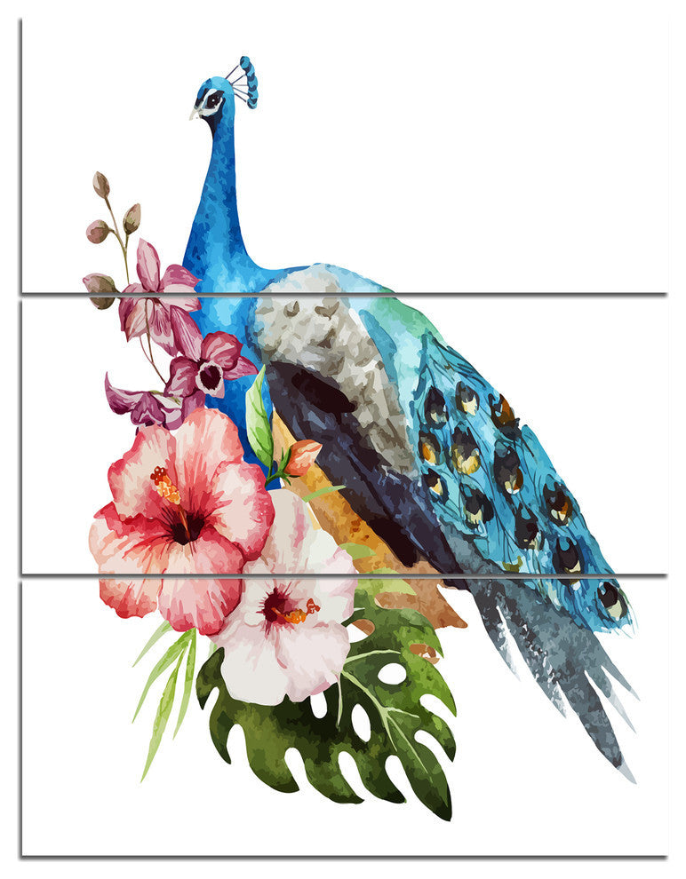 "Hibiscus Flowers and Blue Peacock" Metal Wall Art, 3 Panels, 28"x36"