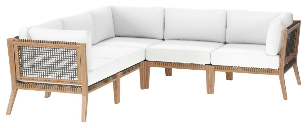 Clearwater Outdoor Patio Teak Wood 5-Piece Sectional Sofa, Gray White
