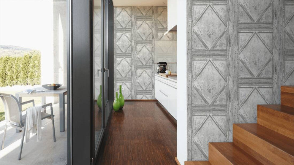 Loft Vintage Textured Wallpaper Featuring Boxes Wood, Gray White, Sample